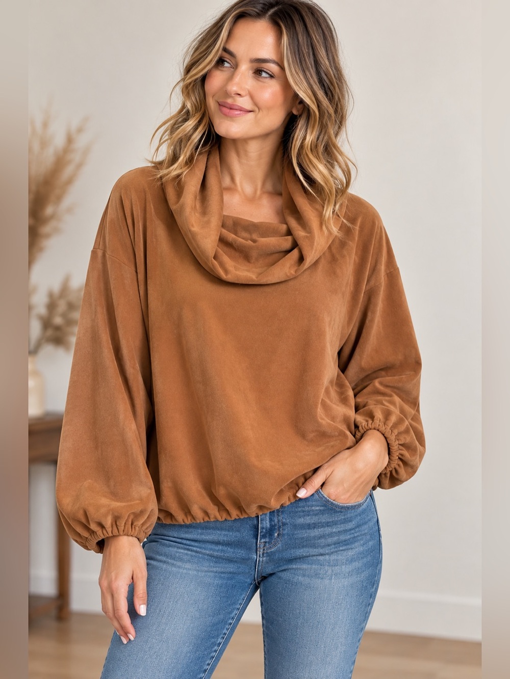 Bryn Walker Faux Suede Cowl Neck Top – Size Medium